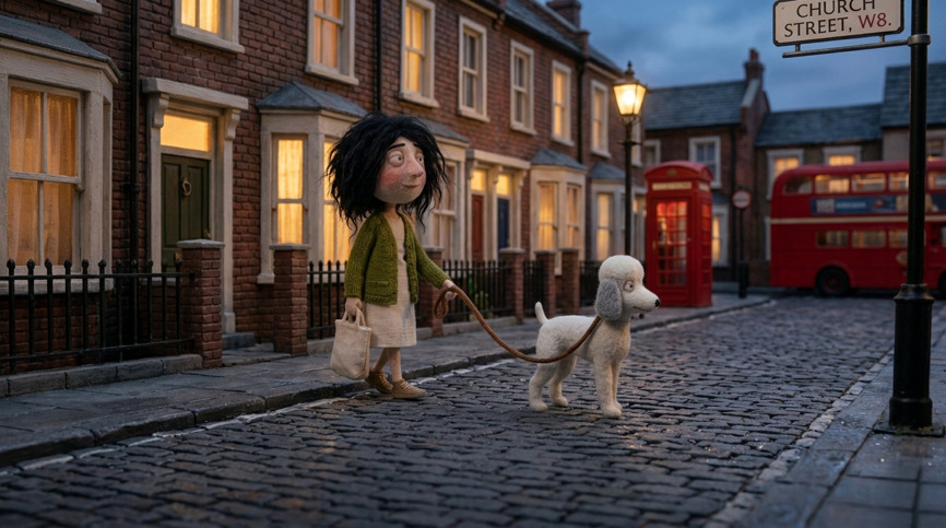 Maggie walks her dog through her London neighbourhood.