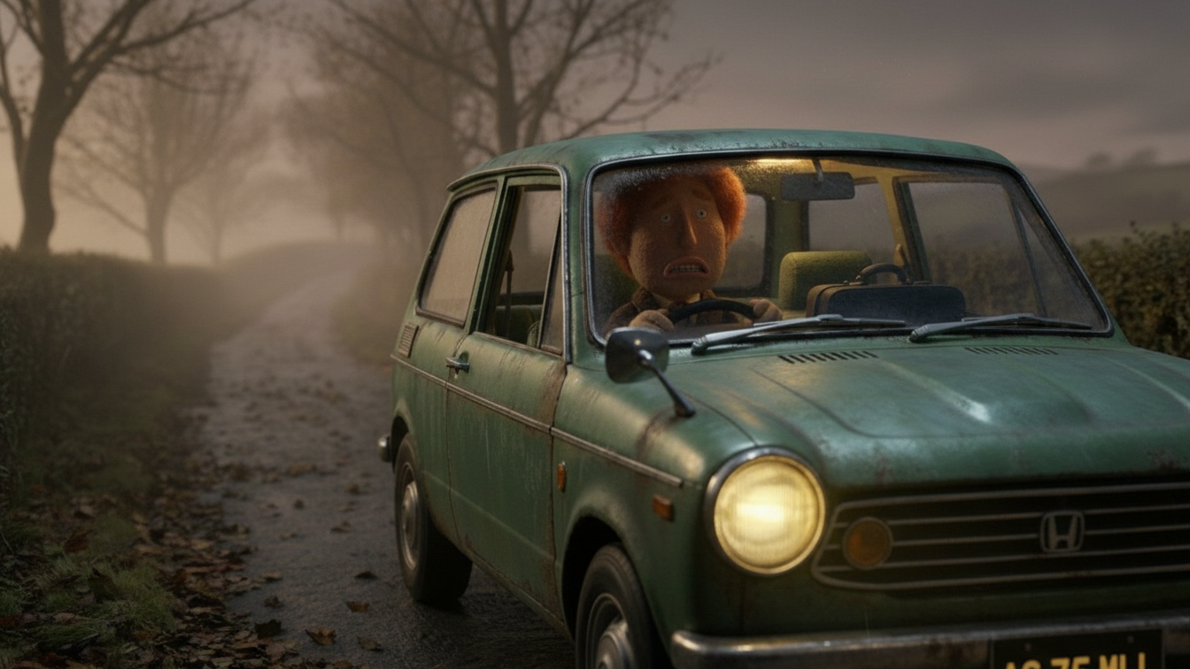 Percy at the wheel of a green car on the misty road to Waxford Manor